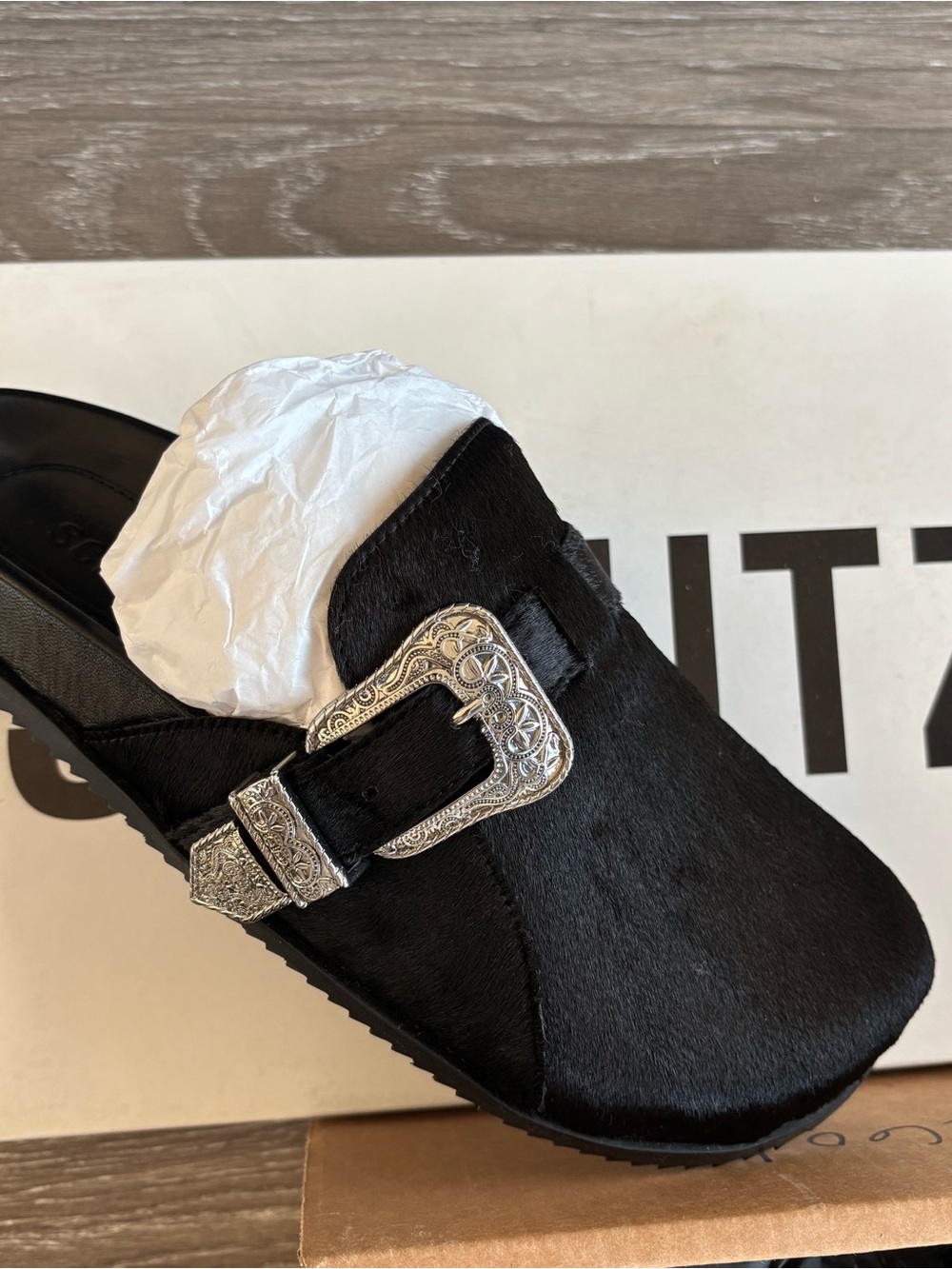 SCHUTZ Black Slip-On Mule with Decorative Silver Buckle - Picture 7 of 9
